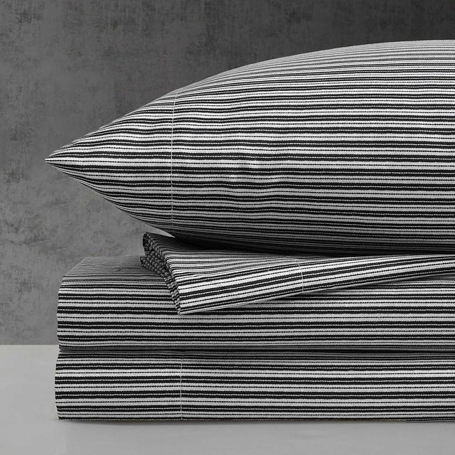 Kenneth Cole - King Sheet Set, Wrinkle-Resistant Bedding, Deep Pockets - Bed Sheets with Matching Bonus Pillowcases & Fitted Sheet (Twill Stripe Texture Black)