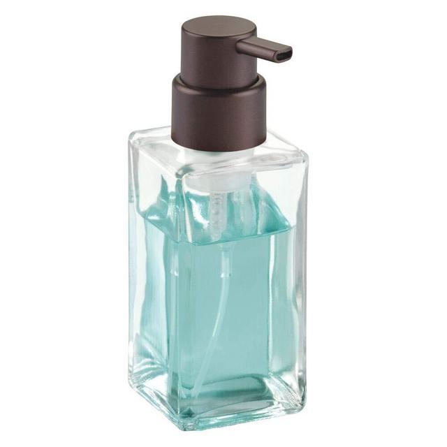 mDesign Modern Square Glass Refillable Foaming Hand Soap Dispenser Pump Bottle for Bathroom Vanities or Kitchen Sink, Countertops - Clear/Bronze