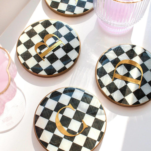 Custom Black And White Checkered Monogram 4” Round Ceramic Coasters: Personalized Initials, Name, Date