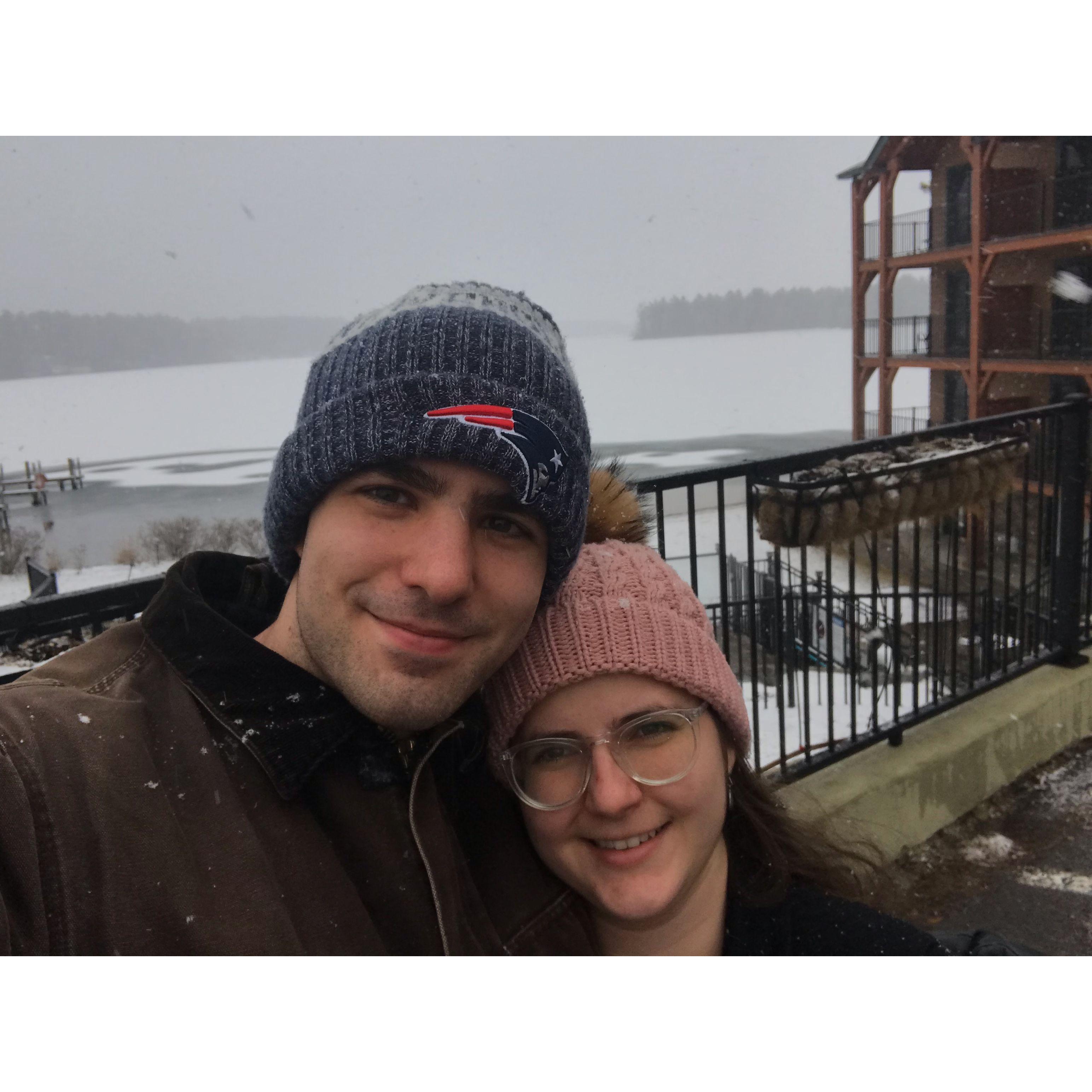 Lake Winnipesaukee, NH in winter 2022. It was in freezing rain but we had cute outfits and weren't gonna miss the shot.