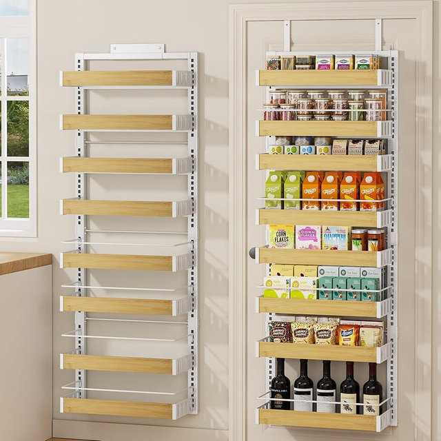 POKIPO 8 Tier Over The Door Pantry Organizer, 2 IN 1 Wall Mount or Hanging Spice Rack Seasoning Shelves with Adjustable Basket, Back of Door Organizer and Storage for Kitchen Cabinet and Room Closet