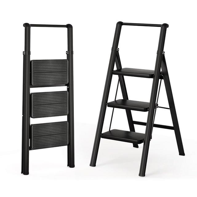 KOLLMAX Step Ladder 3 4 5 Step Folding, Step Stool Foldable with Handle for Home, Sturdy Kitchen Ladder, Lightweight Anti-Slip Feet, Wide Pedals, 330 lbs Capacity (Black, 3 Step)