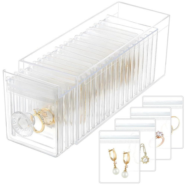 HOMEHIVE Clear Acrylic Jewelry Organizer Box with 20 Portable Pouches, Jewelry Storage Case for Women Girl, Tangle-Free, Dust-Proof, Anti-Tarnish, Compact Storage for Necklaces/Earrings/Rings, Clear