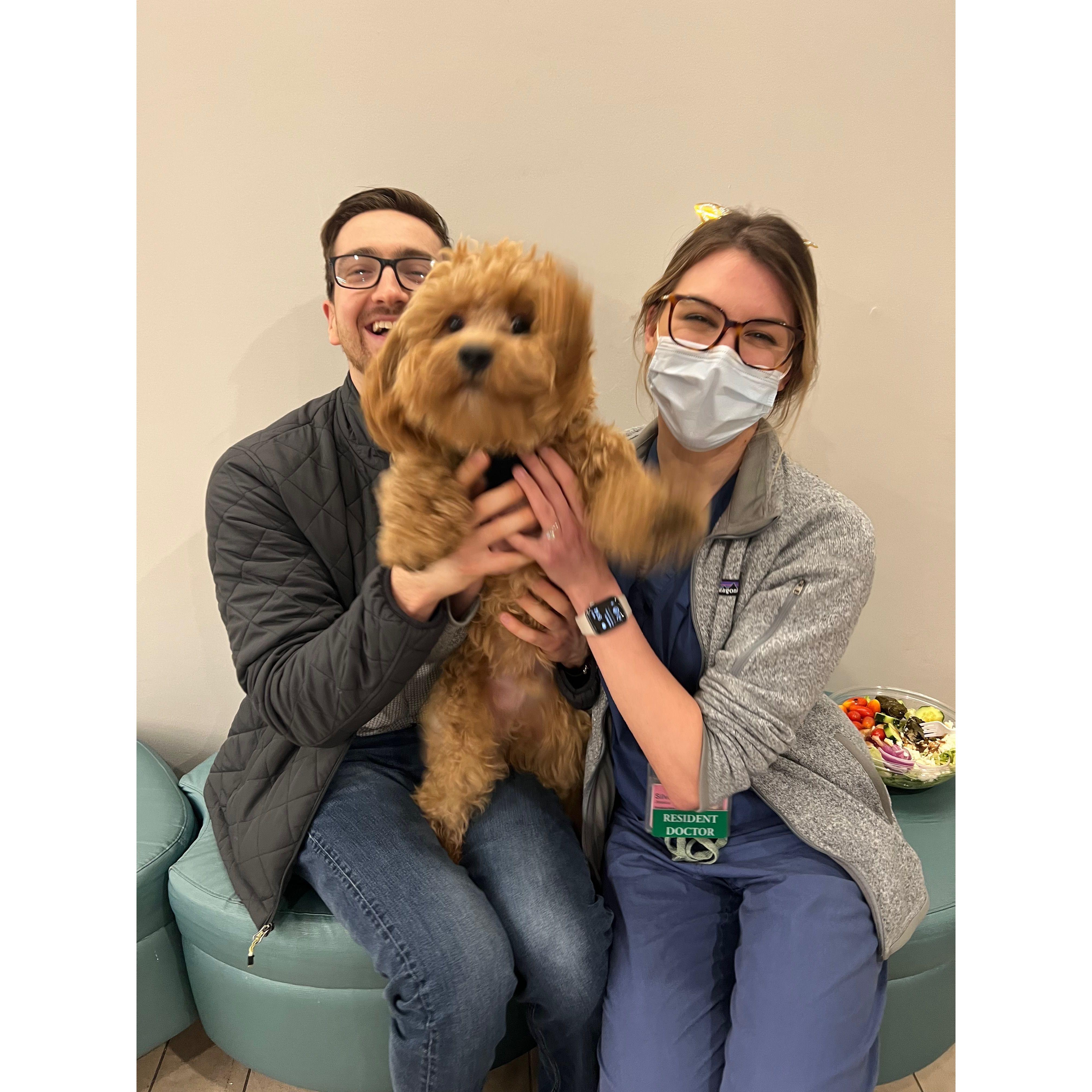 Vince and Gus visiting Jess at work for our first New Year's Eve as residents!