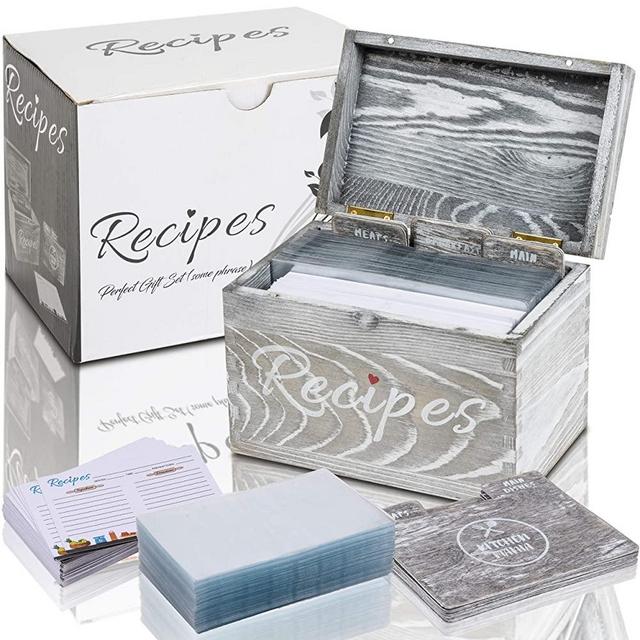 KitchenMania Wood Recipe Box with Cards and Wood Dividers 4x6 Rustic Style Set,100 Double Sided Recipe Cards and 100 Clear Recipe Card Protectors, Gift for Grandma Mom Women Wedding Bridal Shower