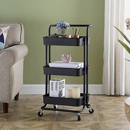 Household Storage Trolley, Utility Cart with Wheels, 3 Tier Rolling Cart, Service Trolley Cart, Mobile Storage Cart, Removable Utility Organizer Cart, Craft Cart for Kitchen, Office, Bathroom, Black