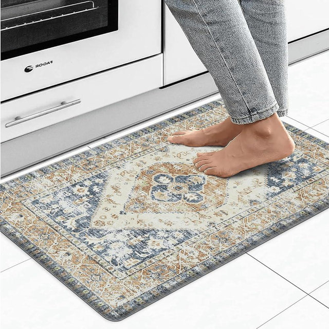 KIMODE Anti Fatigue Kitchen Mats for Floor,17.3" x 29" Cushioned Boho Vintage Kitchen Rugs,Non-Slip Waterproof Kitchen Sink Standing Mat Wipe Clean for Kitchen,Laundry Floor,Mutil-Blue