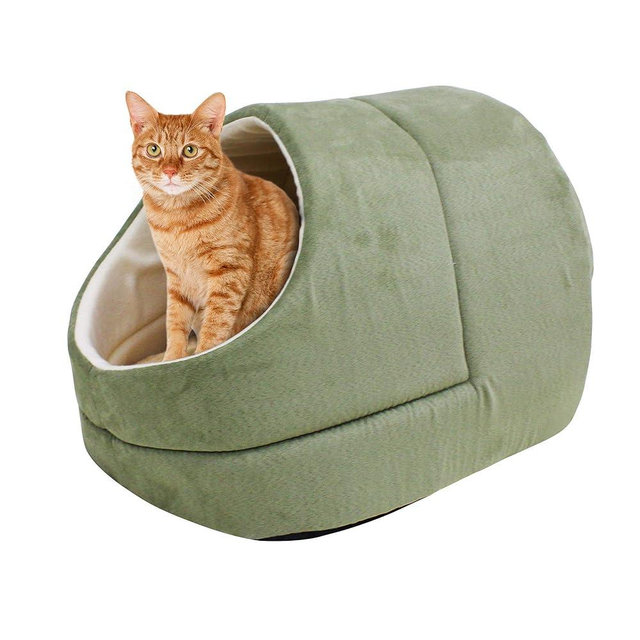 GOOPAWS 4 in 1 Self Warming Burrow Cat Bed, Pet Hideway Sleeping Cuddle Cave (Sage Green-2)