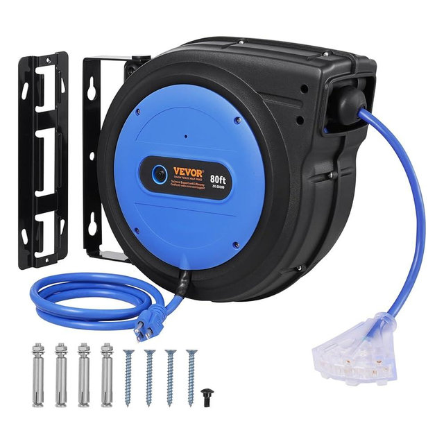 VEVOR 80FT Retractable Extension Cord Reel, 12AWG/3C SJTOW Heavy Duty Power Cord w/Lighted Electrical Triple Tap Outlets, 15A Circuit Breaker,180° Swivel Bracket for Workshop or Garage, Blue