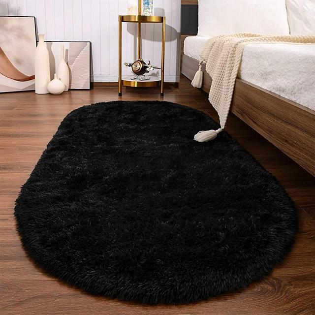 Softlife Fluffy Rugs for Bedroom, Shag Cute Area Rug for Girls and Kids Baby Room Home Decor, 2.6 x 5.3 Feet Oval Indoor Carpet for Nursery Dorm Living Room, Black