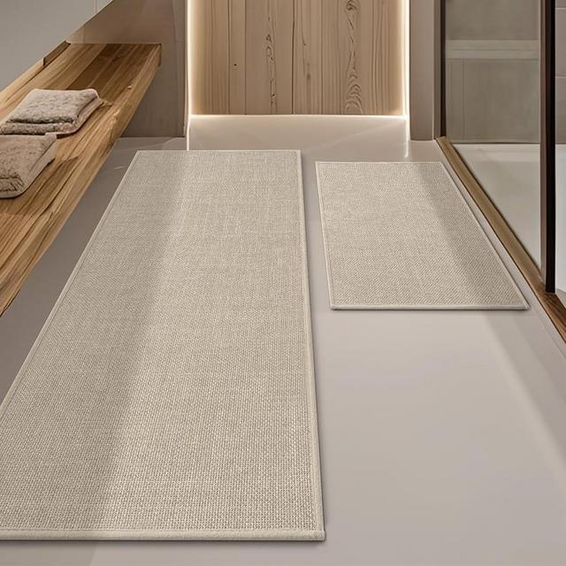 YIHOUSE Beige Bathroom Rug Sets 2 Piece, Absorbent Bath Mat for Bathroom Non Slip Washable, Bathroom Mat Quick Dry, Thin Bath Rug Set for Toilet and Floor