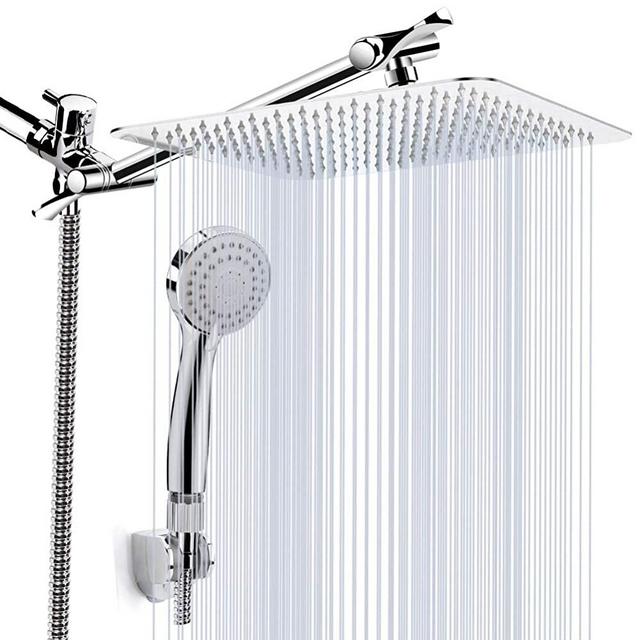 Shower Head , Kaqinu 10'' High Pressure Rainfall Shower Head / Handheld Showerhead Combo with 11” Extension Arm, Anti-leak Shower Head with Holder/ Hose, Flow Regulator - Chrome