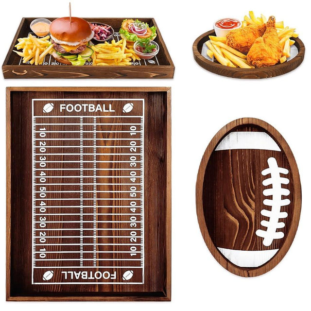 JarThenaAMCS 2Pcs Football Serving Tray 16 Inch Wooden Football Plates Reusable Wood Serving Trays and Platters for Football Season Game Day Party Decor