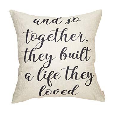 Fahrendom and So Together They Built a Life They Loved Farmhouse Décor Family Decoration Sign Cotton Linen Home Decorative Throw Pillow Case Cushion Cover with Words for Sofa Couch, 18 x 18 in