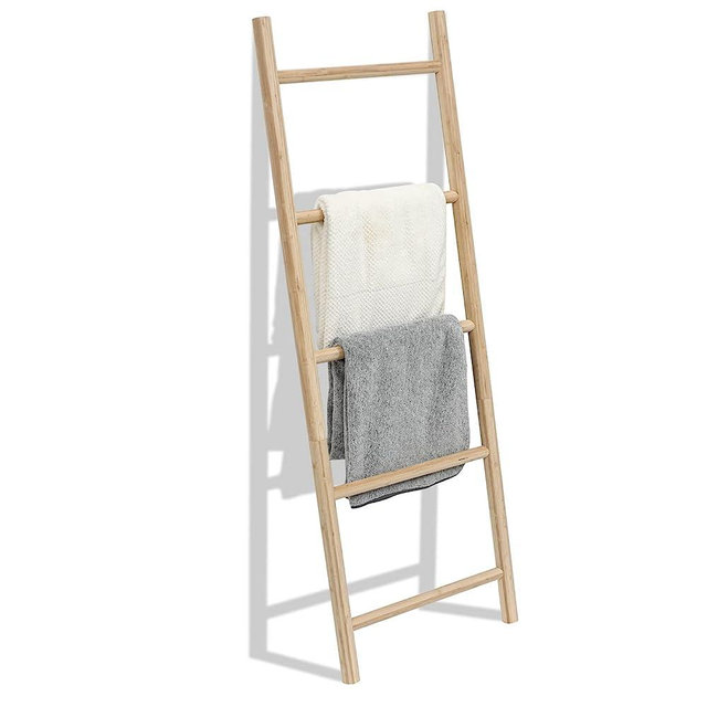 FUIN Fully Assembled 5ft Bamboo Blanket Ladders Unfinished Wood Decorative Wall Leaning Farmhouse Bathroom Quilt Towel Display Rack Holder