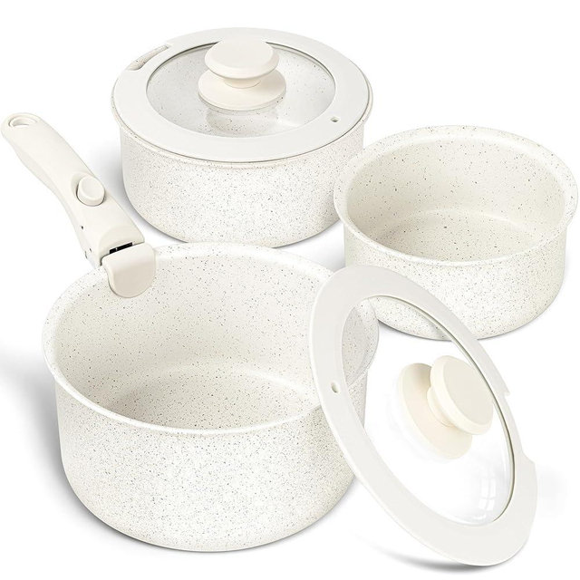 MICHELANGELO Sauce Pan Set, Nonstick 1Qt & 2 Qt & 3Qt Pots with Removable Handles, Non Toxic Saucepan Set with Detachable Handle, Stackable Pot Set for RV Camping, Oven Safe - 6 Piece