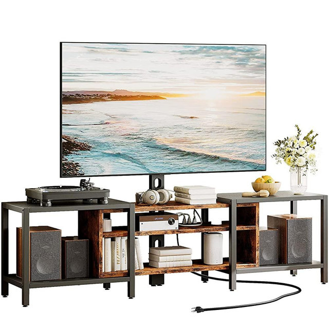 IRONCK TV Stand for TVs up to 85 Inch with Mount and Power Outlet, 3 Tiers TV Console Table with Storage Shelves, Entertainment Center, Steel Frame, for Living Room, Bedroom, Vintage Brown