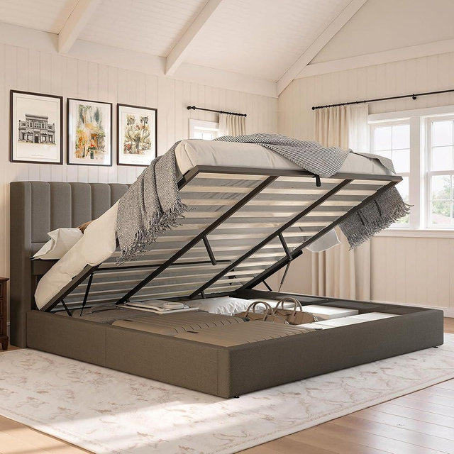 Jocisland King Size Lift Up Storage Bed Frame, Linen Upholstered Platform Bed with Vertical Channel Tufted Headboard and Wingback, Hydraulic System, No Box Spring Needed, Wood Slats Support, Dark Gray