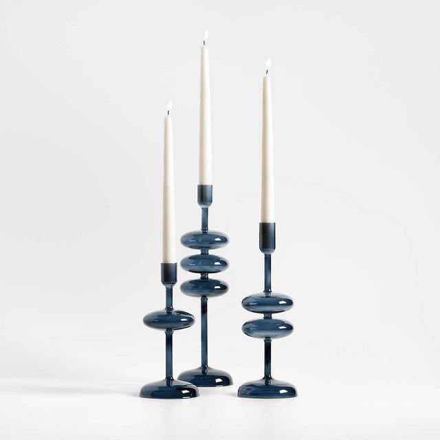 Venezia Deep Blue Glass Taper Candle Holders, Set of 3