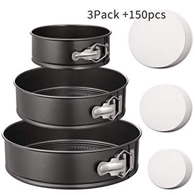Hiware Springform Pan Set of 3 Non-stick Cheesecake Pan, Leakproof Round Cake Pan Set Includes 3 Piece 6" 8" 10" Springform Pans with 150 Pcs Parchment Paper Liners