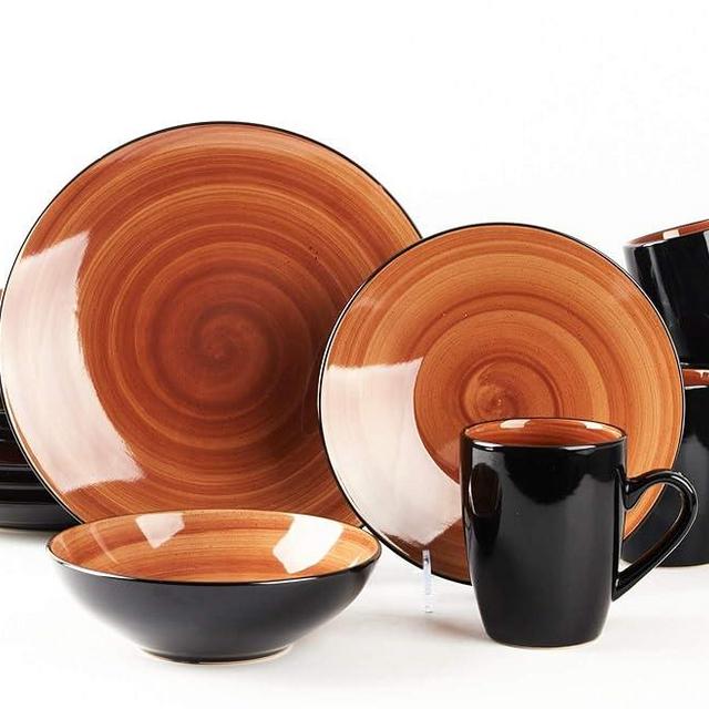 HomeVss, Sonoma Stoneware 16pc Dinnerware Set, Outside Black + Inside Hand Painting Color Spice