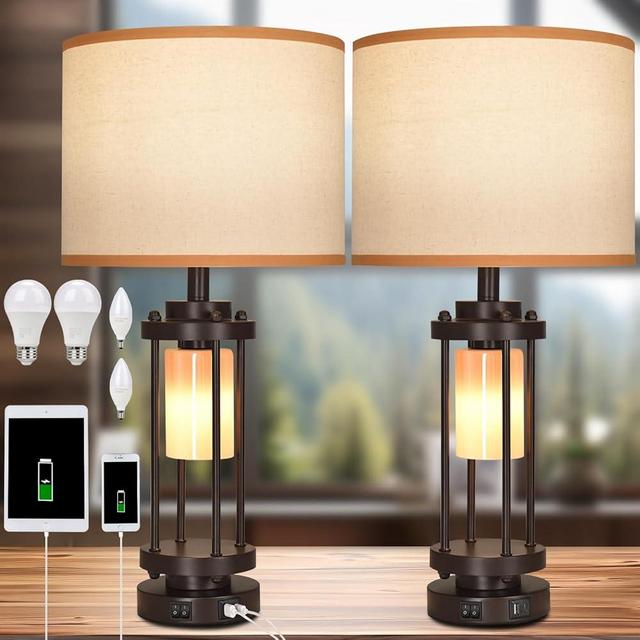 Table Lamps for Living Room, 27'' Tall Lamps Set of 2 with USB C+A Charge Ports, Retro Farmhouse Table Lamp for Night Stands, Rustic Bedsides Lamp with 2 Light, Industrial Nightstand Lamps for Bedroom