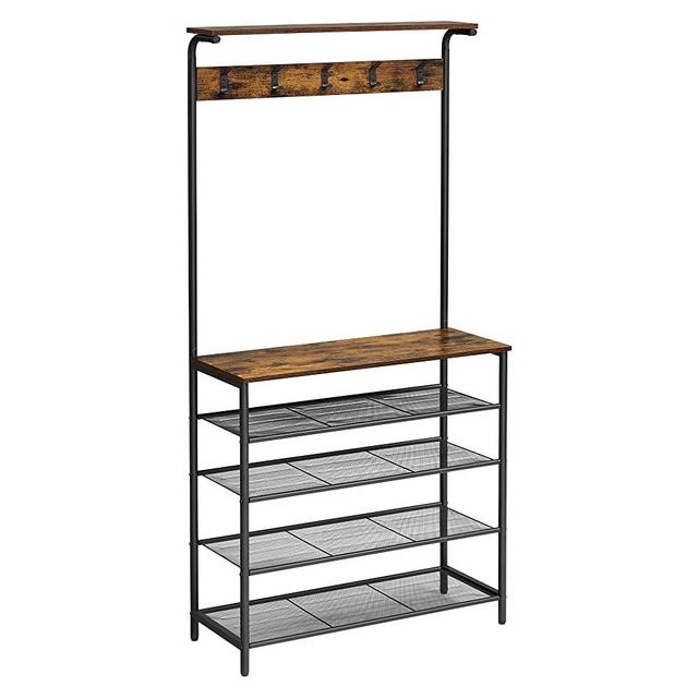 VASAGLE Coat Rack, Hall Tree with Shoe Storage, 5-Tier Shoe Rack Different Heights, 5 Dual Hooks, Top Shelf, Entryway Organizer, Hallway Bedroom Dorm, Industrial, Rustic Brown and Black UHSR408B01