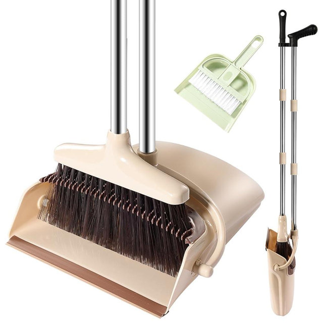 Broom and Dustpan Set with Long Handle, Windproof Stand Up Dustpan with Broom Combo for Home Kitchen Room Office Lobby Floor Use (Beige&Coffee, 45.3IN)