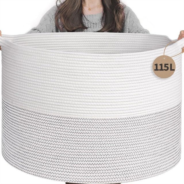 INDRESSME 115L Extra Large Blanket Basket, Cotton Rope Toy Baskets Storage Kids Toy Bin for Playroom Decor Woven Baby Laundry Basket for Organizing, Black Stitch