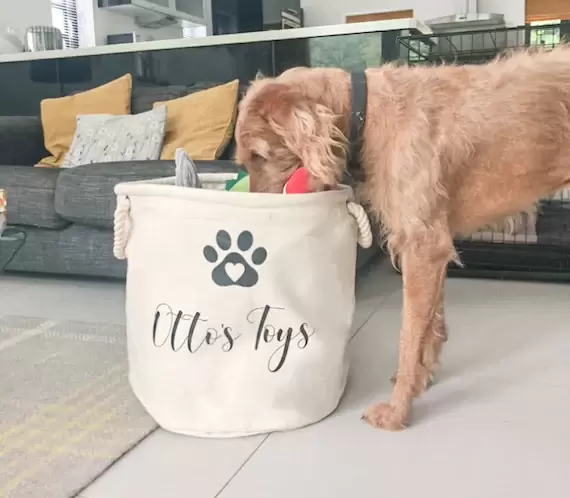 Personalised Pet Paw Print Canvas toy basket / bag, dog toy basket, pet basket, gifts her her, gifts for him, custom made bag