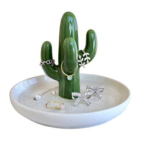 FairyLavie Cactus Ring Holder Dish for Jewelry, Ceramic Succulent Ring Holders Organizer Display for Home Decor and Birthday Wedding Festival Gifts for Mom, Aunt, Friends, Girlfriend (Green Cactus)