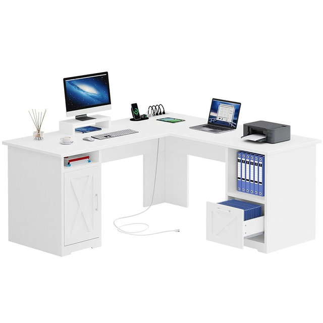 YITAHOME L Shaped Desk with Power Outlets, 60 Inch Computer Desk Corner Desk with File Drawer, Home Office Desk with Monitor Stand & Storage Shelves, L-Shaped Desk with File Cabinet, White