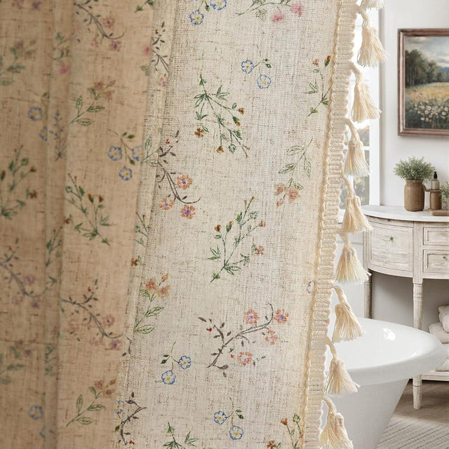 XOGUIBO Floral Farmhouse Vintage Linen Shower Curtain, French Country Shower Curtains for Bathroom with Tassels, 72Wx72H