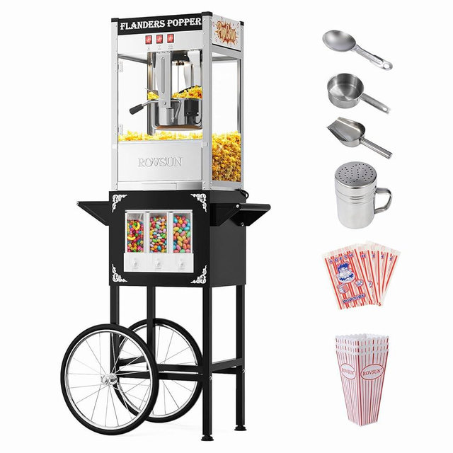 ROVSUN Popcorn Machine with Cart, Wheels & 10 Oz Kettle Makes Up to 4 Gallons ETL Certified, Popcorn Maker w/Candy Dispensers, Scoop, Oil Spoon & 3 Popcorn Cups for Commercial Home Theater, Black
