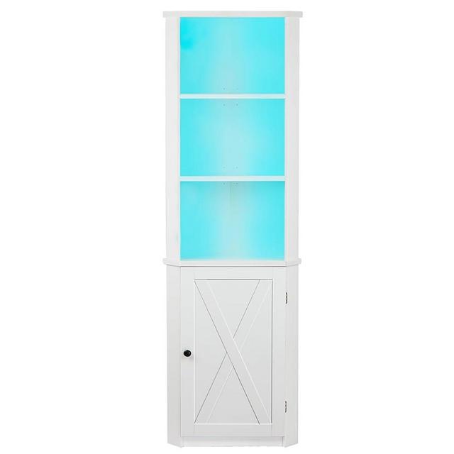 Timberer Corner Shelf Stand, Corner Cabinet with LED Lights, 5-Tier Storage Cabinet with Doors, Tall Corner Bookshelf Corner Stand for Living Room, Kitchen, Bar, Small Space, White