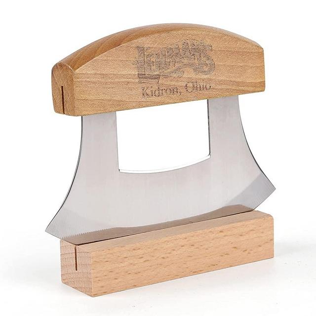 5inch Alaskan Mezzaluna Ulu Knife, Salad Veggies Rocker Chopper Slicer Cutter Chef Hashing Chopping Mincing Knives Cleaver with Wooden Stand Sheath Arthritic Tool