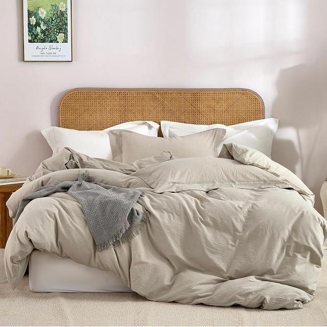 JELLYMONI 100% Washed Cotton 3 Pieces Cream Grey Duvet Cover King Size - Linen Like Textured Breathable Comforter Cover with Pillow Shams (Cream Grey, 104”x90”)