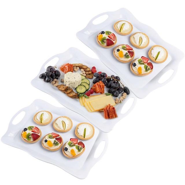 Elegant Eats 3-Pcs Melamine Serving Tray with Handles, Curved Sides & Raised Edge - Large Party Platter or TV Dinner Trays - Large Serving Trays - 17.5” x 11” - Set of 3, White