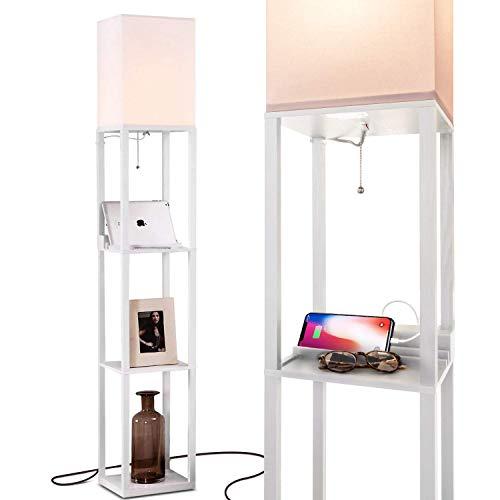 Brightech Maxwell Charger - Shelf Floor Lamp with USB Charging Ports & Electric Outlet - Tall & Narrow Tower Nightstand for Bedroom - Modern, Asian End Table with Light Attached - White