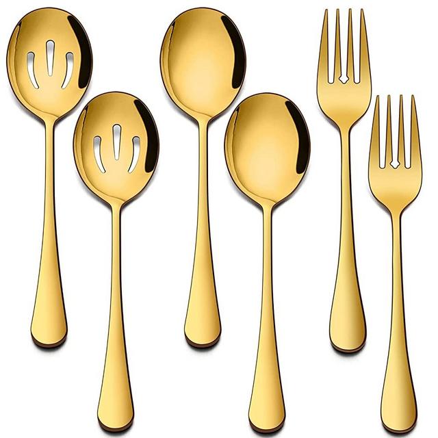 Homikit Stainless Steel 2 Gold Serving Spoons, 2 Gold Slotted Serving Spoons, 2 Gold Serving Forks, Metal Buffet Banquet Catering Party Restaurant Serving Utensils Set, Mirror Polish, Dishwasher Safe