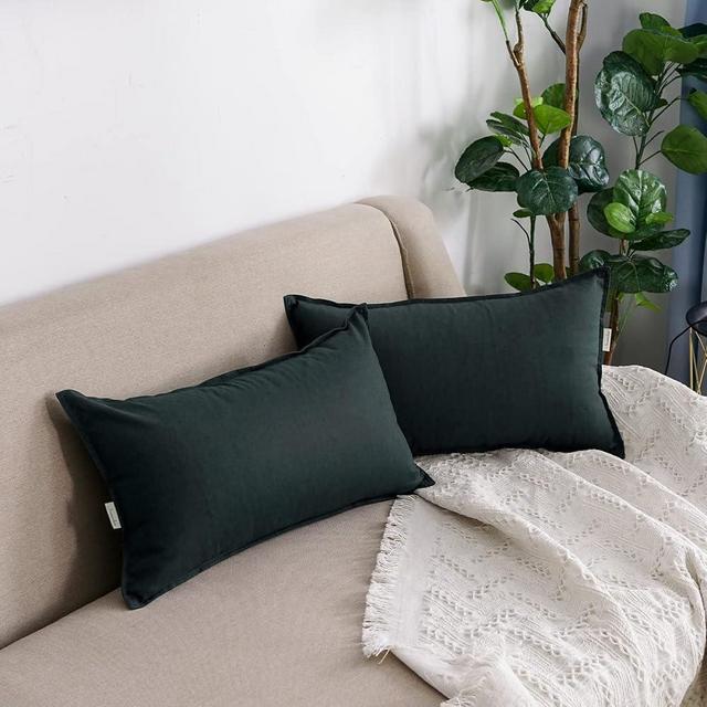 Jeanerlor Natural Cotton Linen Green Decorative 12"x20" Throw Pillow Case Cushion Cover with Twin Needles Stitch on Edge for Lumbar, (30 x 50cm), 2 Pcs, Dark Green