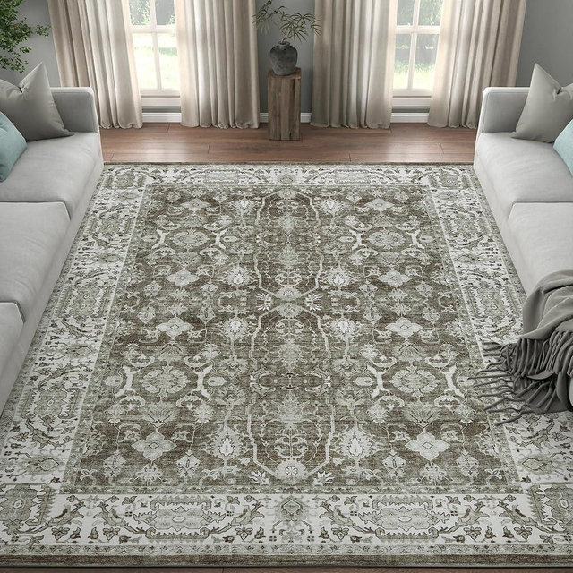 jinchan Area Rug 8x10 Washable Distressed Vintage Boho Carpet Indoor Floor Cover Non Slip Accent Living Room Rug Floral Classic Mat Soft Retro Carpet for Bedroom Dining Room Kitchen Decor Brown