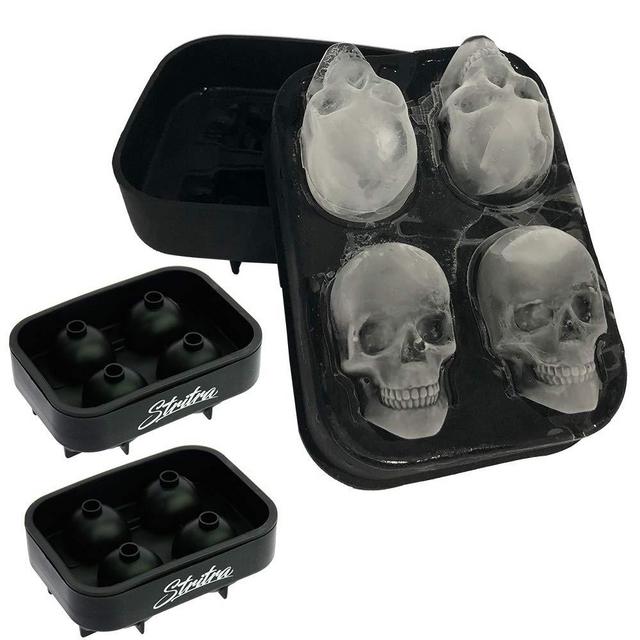 Stritra - 3D Skull Ice Mold (Pack of 2) Easy Release Silicone Mold,8 Cute and Funny Ice Skull for Christmas Halloween Whiskey, Cocktails and Juice Beverages, Black