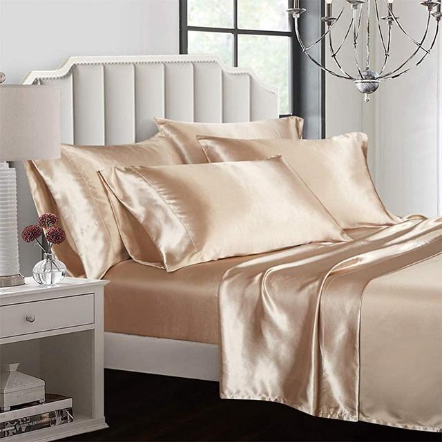 AiMay 6 Piece Satin Bed Sheet Set Deep Pocket Luxury Rich Silk Silky Super Soft Solid Color Hypoallergenic Reversible Stain-Resistant Wrinkle Free (Queen, Taupe)