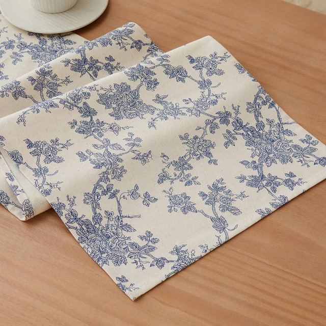 YZJZEDS 100% Cotton French Pastoral Table Runners, 13x72 Inch Blue Farmhouse Table Runners 72 Inches Long, Vintage Flowers Print Home Decors