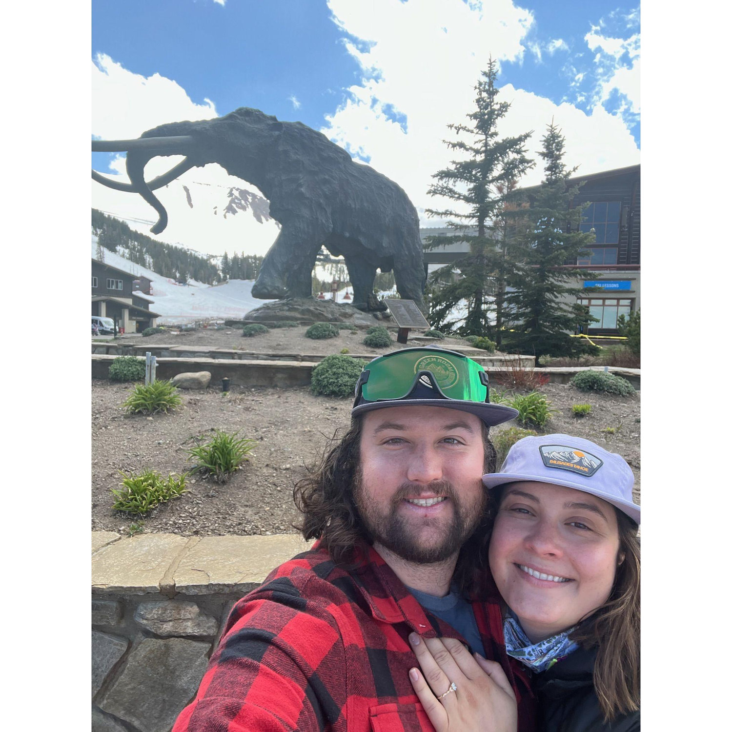 Taken in front of the Mammoth Mountain Resort's mammoth statue! Part of our spring skiing trip after our engagement