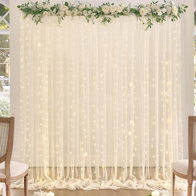 Champagne Tulle Backdrop Curtain with Lights String for Parites Wedding 10x8ft Champagne Sheer Bridal Shower Baby Shower Birthday Photo Booth Props Backdrop Curtains Decorations 2 Panels 5×8ft
