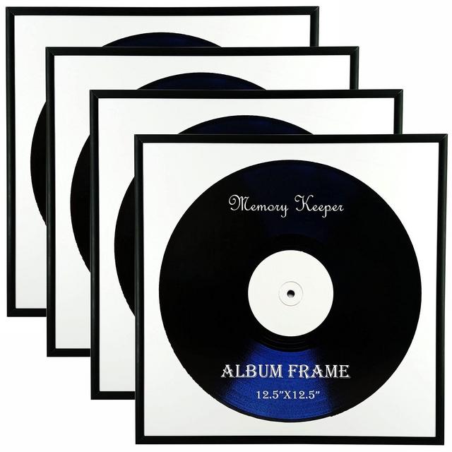 Memory Keeper,4 Pack, Record Album Frame 12.5x12.5 Inch Aluminum Metal Picture Frame Perfect for vinyl LP covers, Butterfly Sawtooth Hanger, Spring Clips, set of 4pcs (Black, 4)