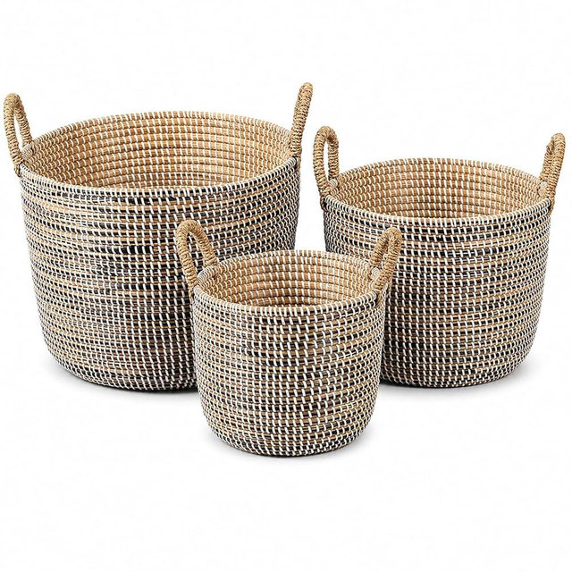 Handwoven Seagrass Storage Baskets Set of 3, Large Woven Baskets with Handles for Blankets, Toys, Laundry, Nursery, Living Room and Bedroom, Natural Decorative Basket Set
