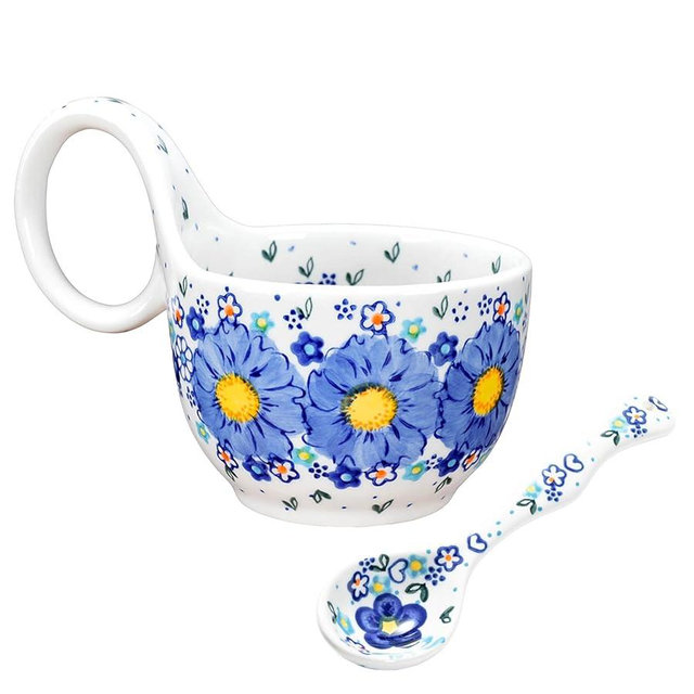 silesia Handmade Loop Handle Soup Bowl with Spoon, Ceramic Hand-Painted Cereal Bowl Great for Soup, Ice cream, Snack, Stew in Gift Box, Microwave & Dishwasher Safe (Forget Me Not)